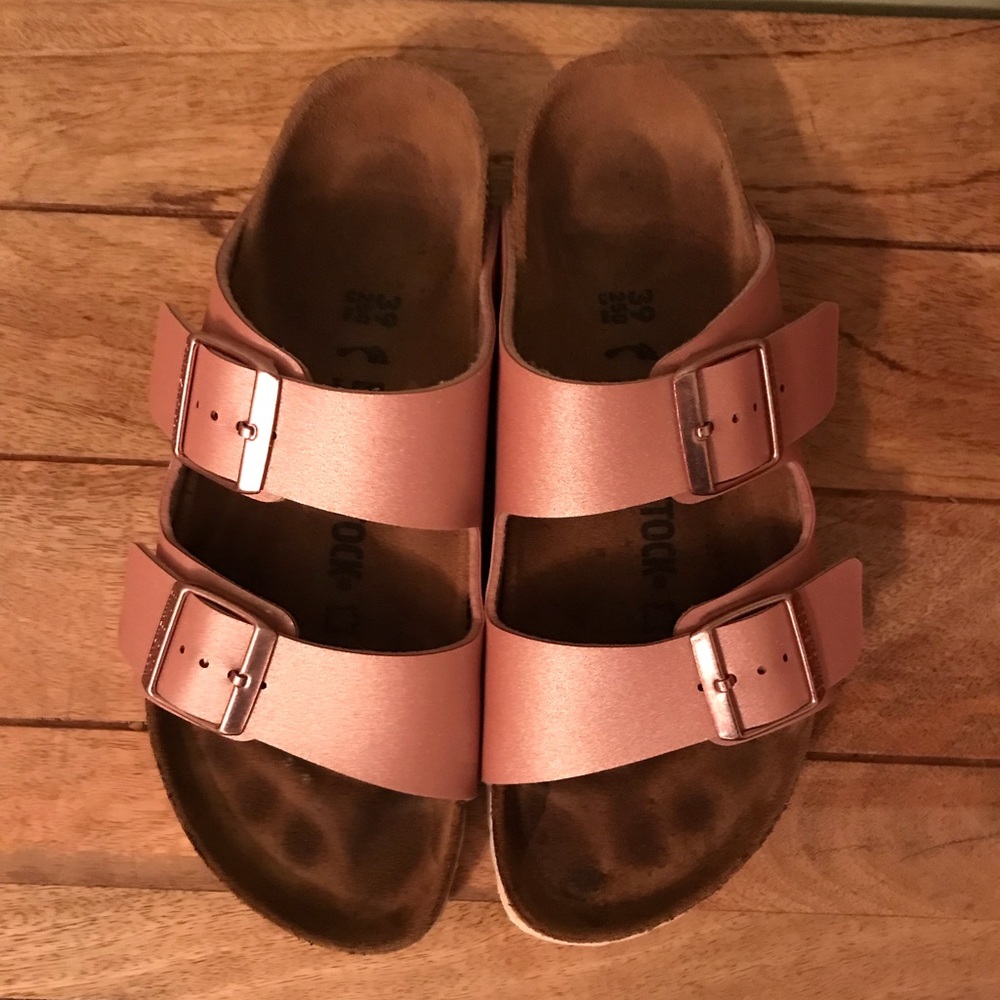 Birkenstock- Arizona metallic rose gold sandal.